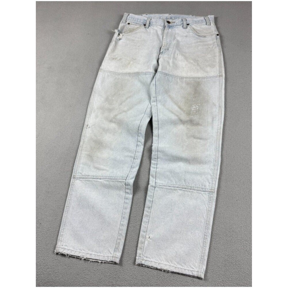 Dickies Double Knee Jeans Mens 32x32 Light Blue Distressed Denim Made in USA